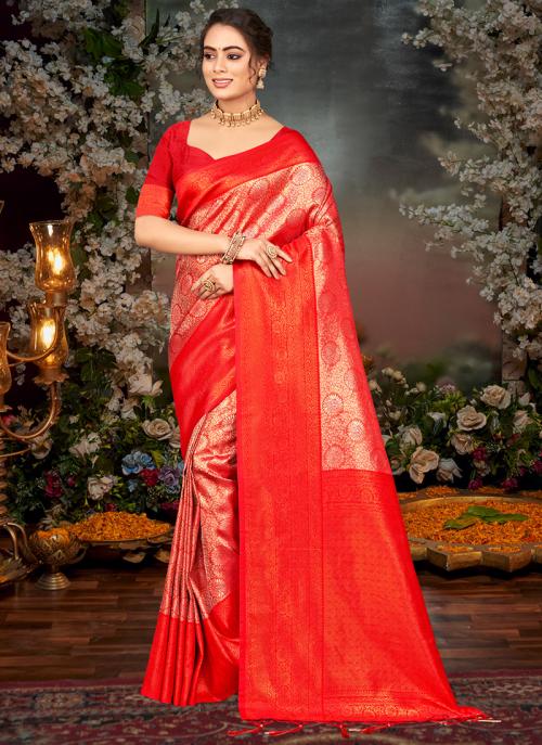 Buy Kanjivaram Silk Red Wedding Wear Weaving Saree Online From